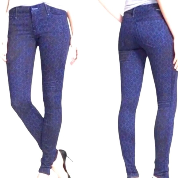 NWT MOTHER THE LOOKER Foulard Me Once Skinny Jeans Blue Tile Print 26 MSRP $228 - Picture 2 of 8